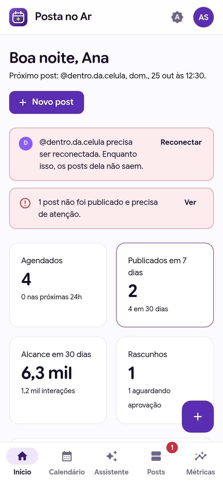 Posta no Ar no celular: posts agendados, publicados, alcance e rascunhos